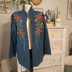 Vintage BOB MACKIE WEARABLE GREEN FLEECE Embordered BOHO JACKET Large